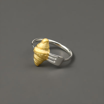 Croissant & Breakfast Fork Adjustable Sterling Silver Ring