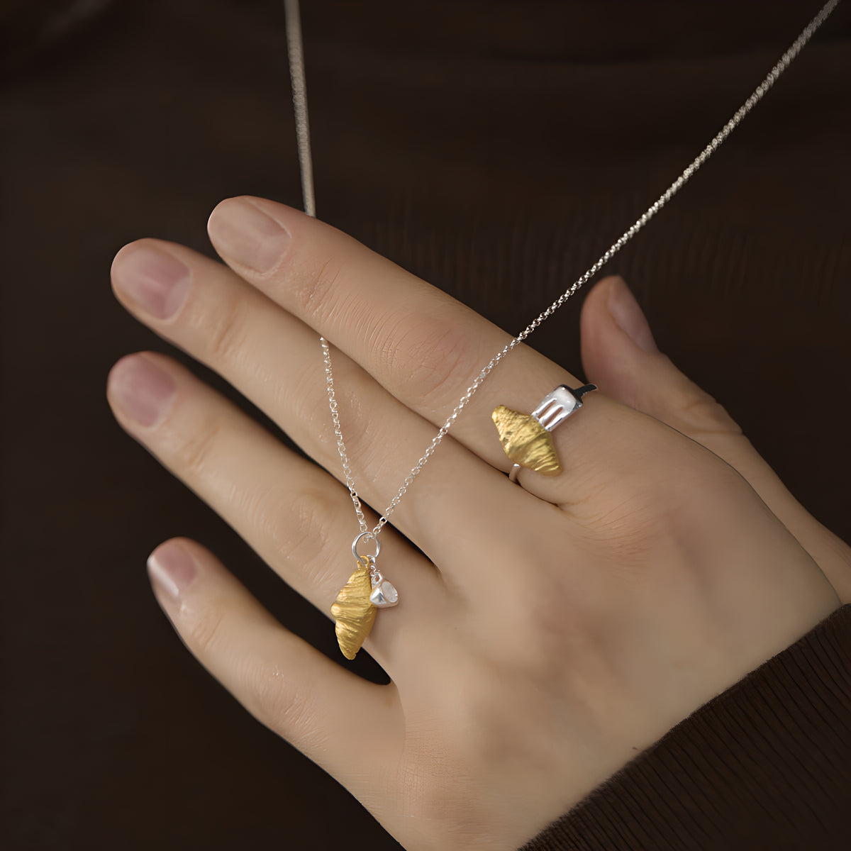 Croissant & Breakfast Fork Adjustable Sterling Silver Ring