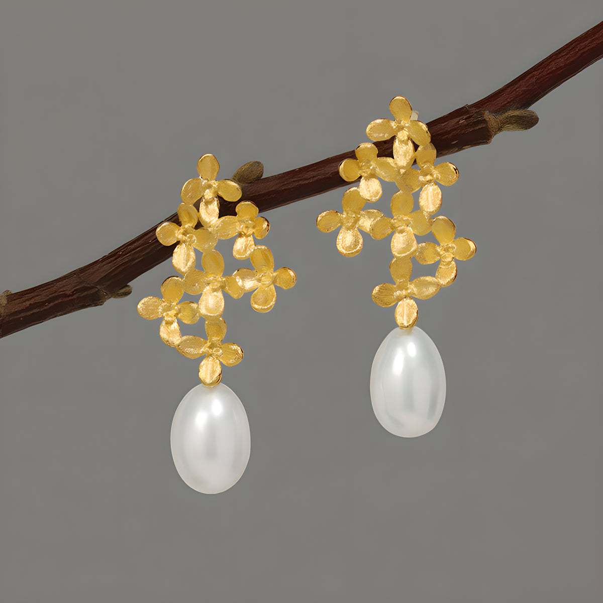 Osmanthus Laurel Pearl Drop Earrings 925 Sterling Silver Literary Romantic Style