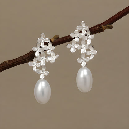Osmanthus Laurel Pearl Drop Earrings 925 Sterling Silver Literary Romantic Style