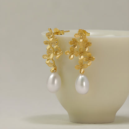 Osmanthus Laurel Pearl Drop Earrings 925 Sterling Silver Literary Romantic Style
