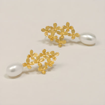 Osmanthus Laurel Pearl Drop Earrings 925 Sterling Silver Literary Romantic Style