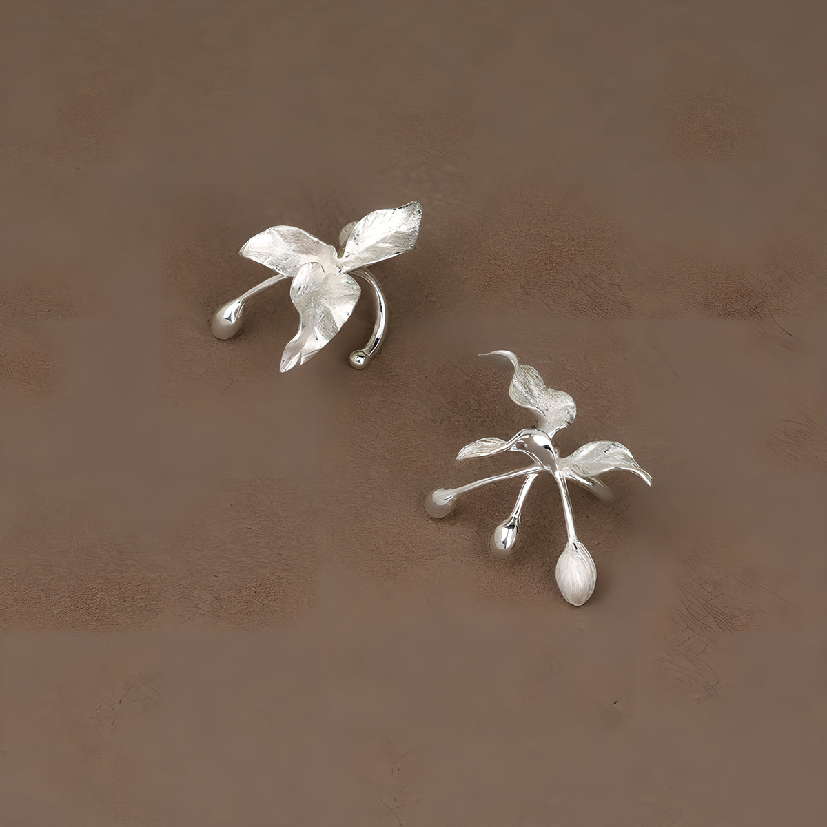 Chinese Style Floral Silver Ear Cuffs 925 Sterling Silver
