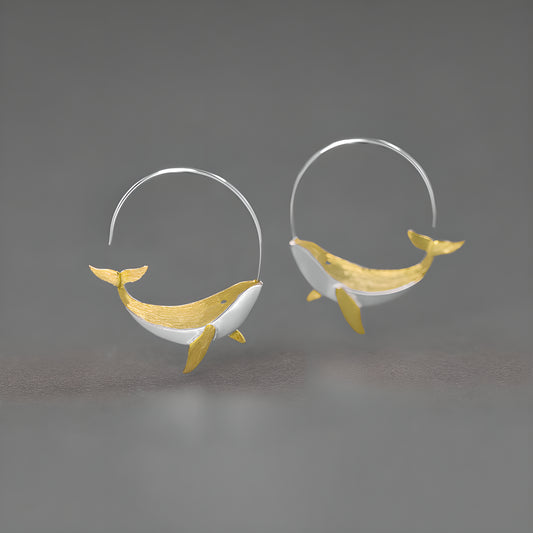 Silver Whale Fish Kunpeng Mythical Creature Literary Art Earrings