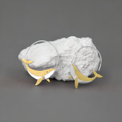 Silver Whale Fish Kunpeng Mythical Creature Literary Art Earrings