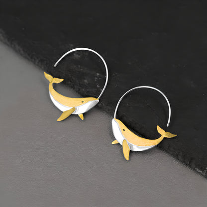 Silver Whale Fish Kunpeng Mythical Creature Literary Art Earrings