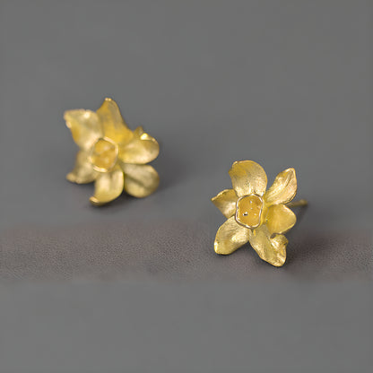 Sterling Silver 3D Daffodil Flower Earrings Elegant New Chinese Style