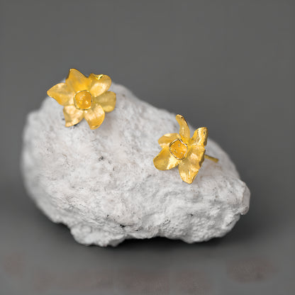 Sterling Silver 3D Daffodil Flower Earrings Elegant New Chinese Style