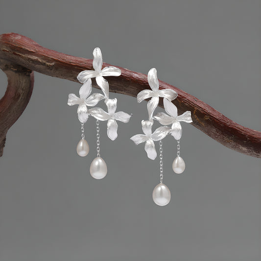 Lilac Flower Pearl Earrings S925 Sterling Silver Romantic Design