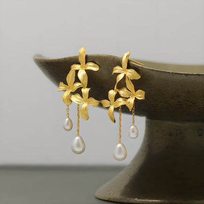 Lilac Flower Pearl Earrings S925 Sterling Silver Romantic Design