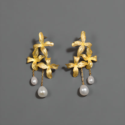 Lilac Flower Pearl Earrings S925 Sterling Silver Romantic Design