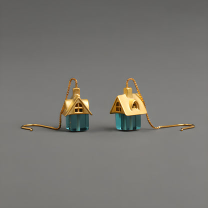 Fairy Tale Cloud House Earrings 925 Silver Crystal Glass