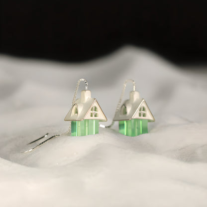 Fairy Tale Cloud House Earrings 925 Silver Crystal Glass