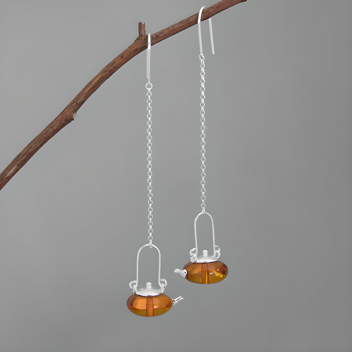 Sterling Silver Amber Inlay Tea Kettle Earrings New Chinese Zen Style