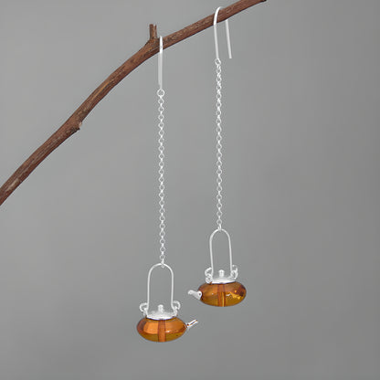 Sterling Silver Amber Inlay Tea Kettle Earrings New Chinese Zen Style