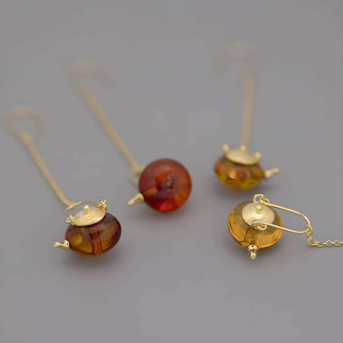Sterling Silver Amber Inlay Tea Kettle Earrings New Chinese Zen Style