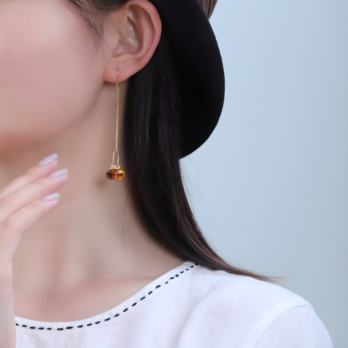 Sterling Silver Amber Inlay Tea Kettle Earrings New Chinese Zen Style