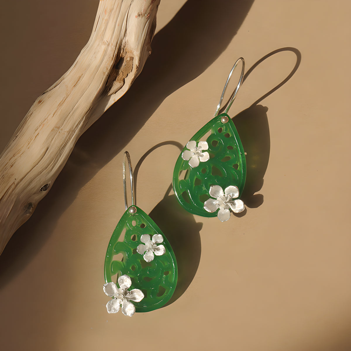 Poetic Raindrop Peach Blossom Jadeite Dangle Earrings 925 Sterling Silver Chinese Style