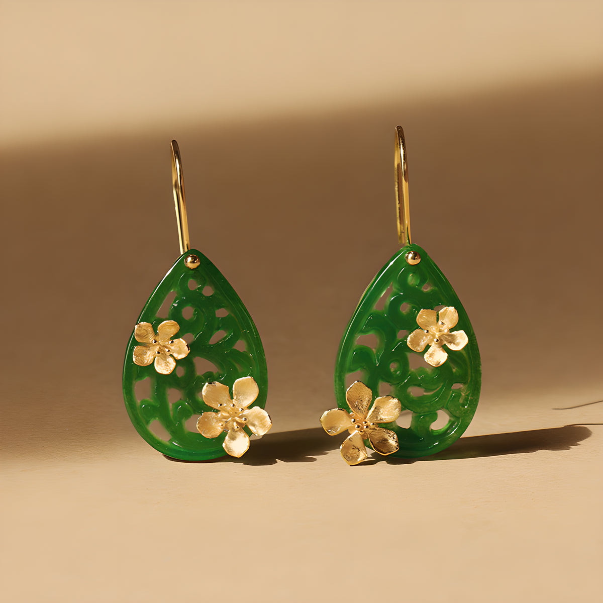 Poetic Raindrop Peach Blossom Jadeite Dangle Earrings 925 Sterling Silver Chinese Style