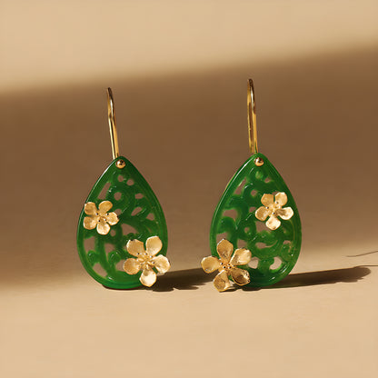 Poetic Raindrop Peach Blossom Jadeite Dangle Earrings 925 Sterling Silver Chinese Style