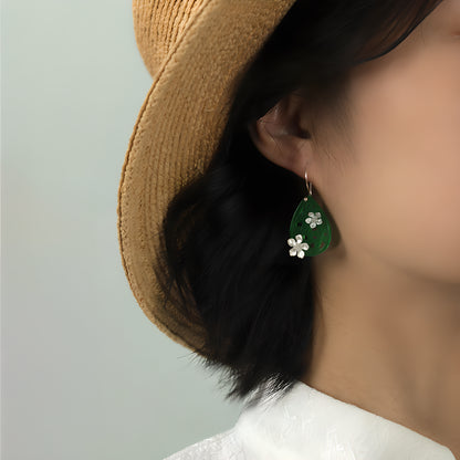 Poetic Raindrop Peach Blossom Jadeite Dangle Earrings 925 Sterling Silver Chinese Style