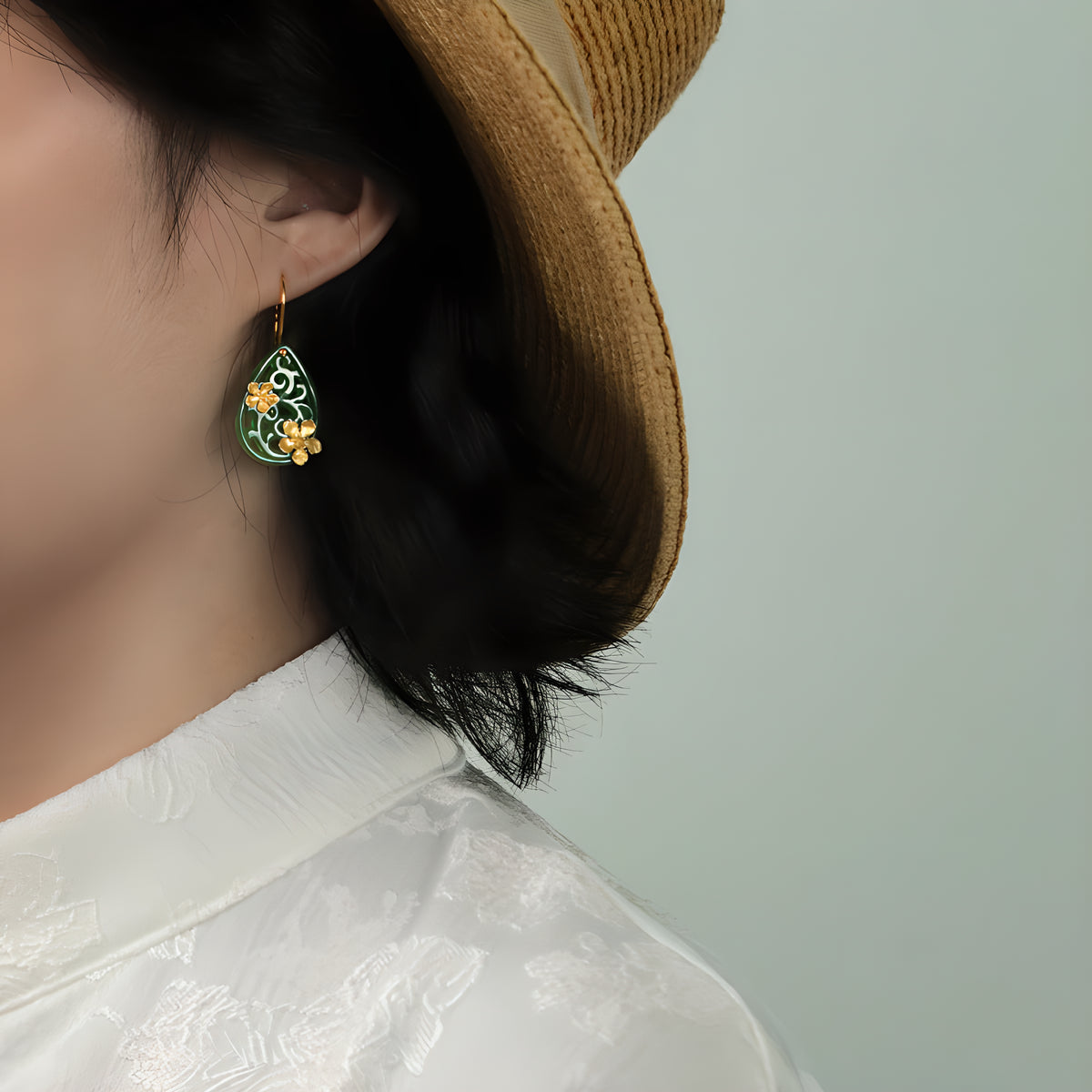 Poetic Raindrop Peach Blossom Jadeite Dangle Earrings 925 Sterling Silver Chinese Style