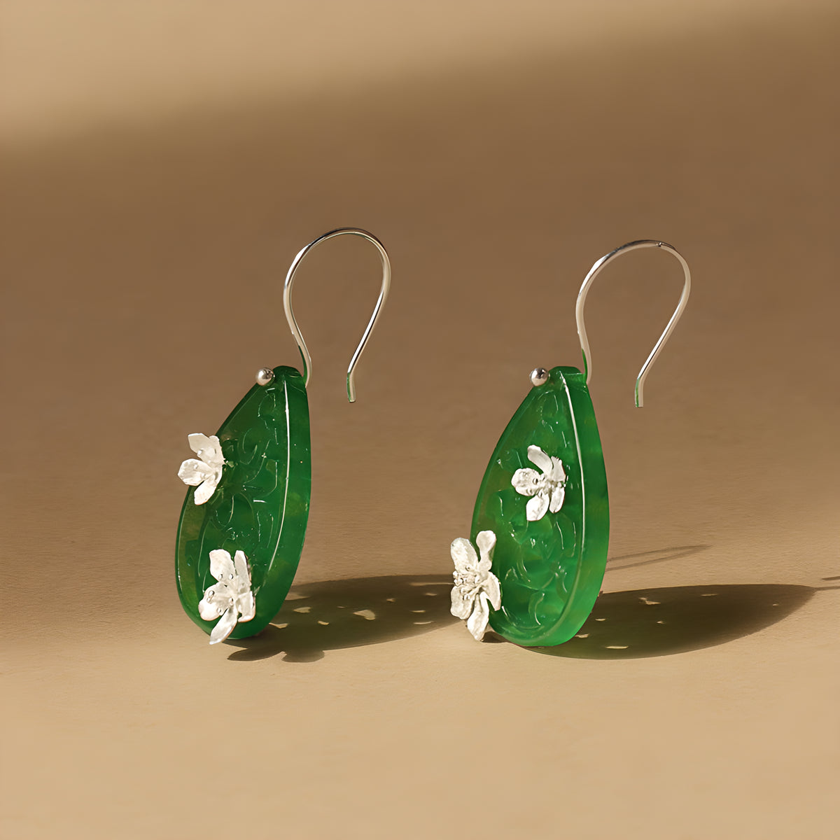 Poetic Raindrop Peach Blossom Jadeite Dangle Earrings 925 Sterling Silver Chinese Style
