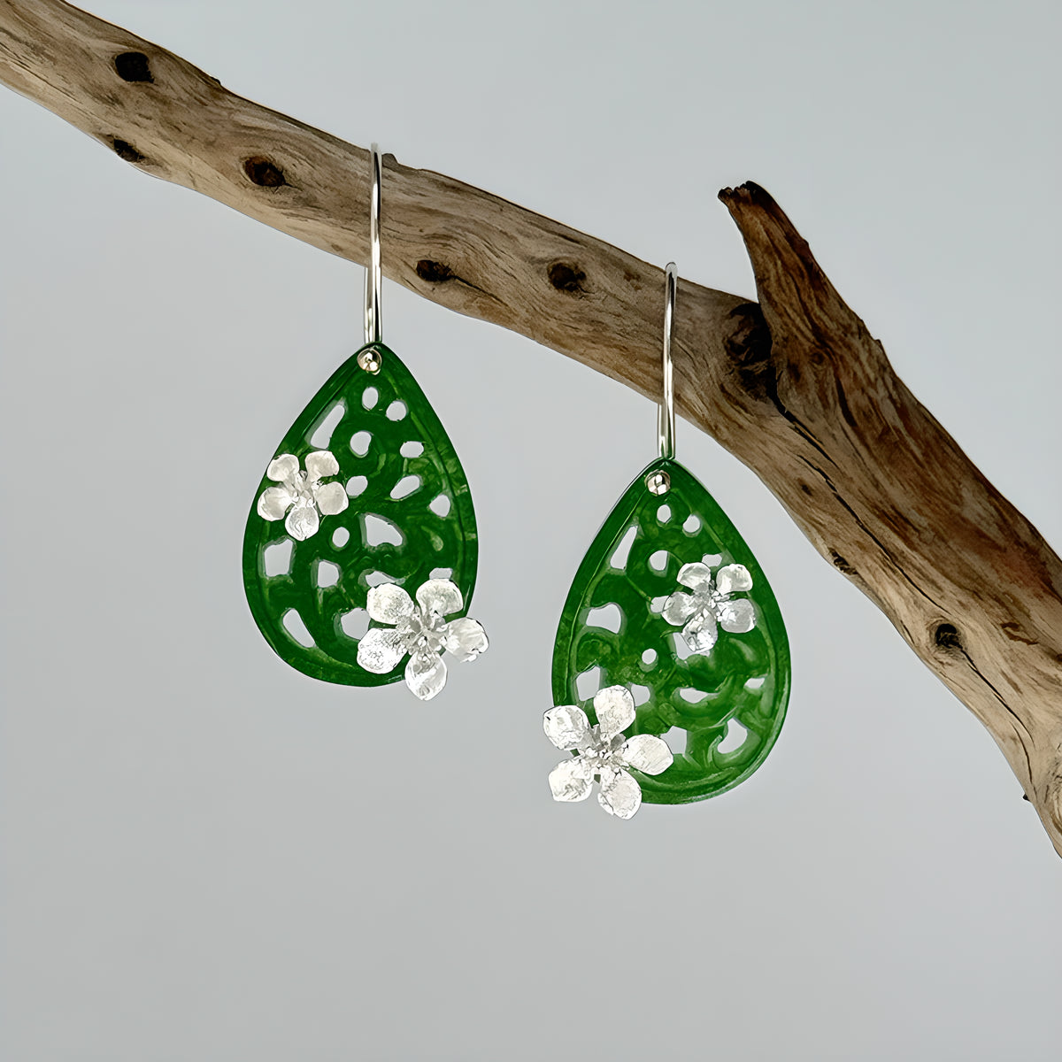 Poetic Raindrop Peach Blossom Jadeite Dangle Earrings 925 Sterling Silver Chinese Style