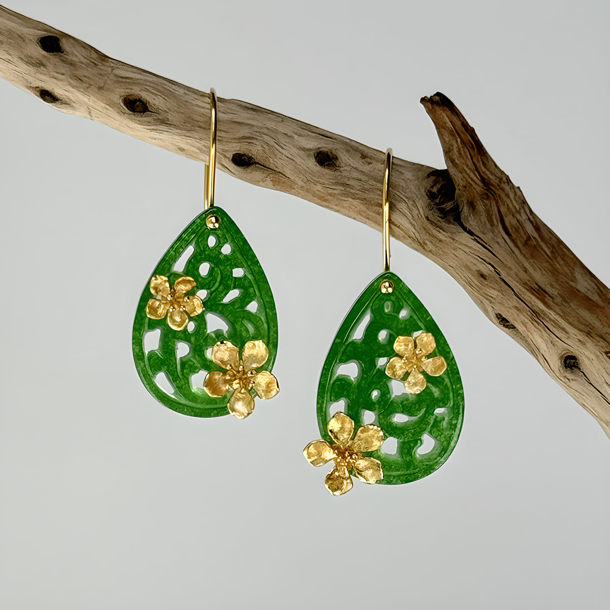 Poetic Raindrop Peach Blossom Jadeite Dangle Earrings 925 Sterling Silver Chinese Style