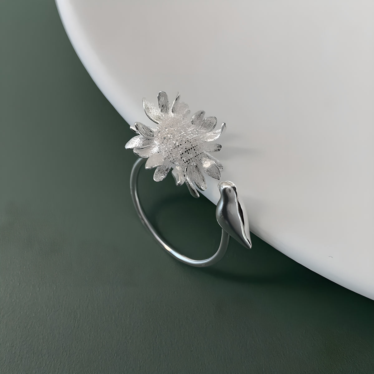 Sunflower Bird Adjustable Sterling Silver Ring