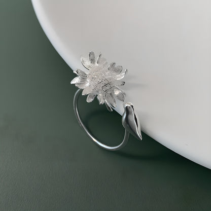Sunflower Bird Adjustable Sterling Silver Ring