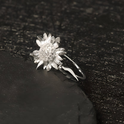 Sunflower Bird Adjustable Sterling Silver Ring