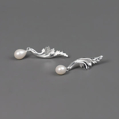 925 Sterling Silver Greek Acanthus Pattern French Drop Earrings with Pearls