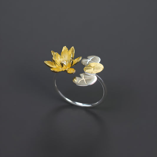 Monet's Water Lily Open Adjustable Ring 925 Sterling Silver Lotus Flower Art Jewelry