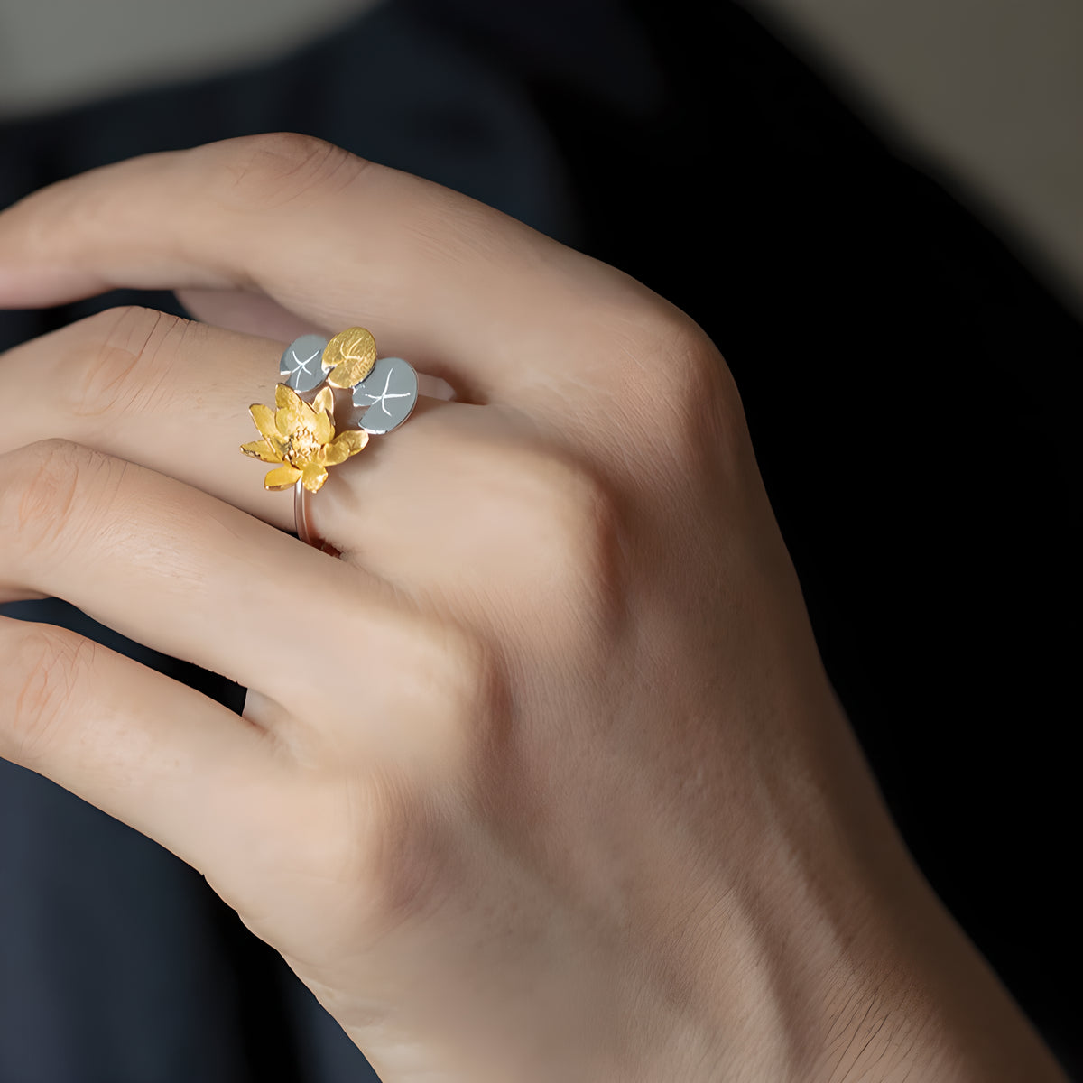 Monet's Water Lily Open Adjustable Ring 925 Sterling Silver Lotus Flower Art Jewelry