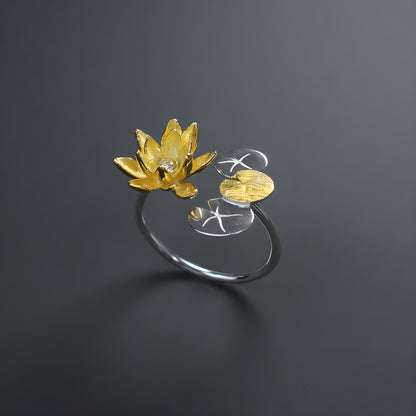 Monet's Water Lily Open Adjustable Ring 925 Sterling Silver Lotus Flower Art Jewelry