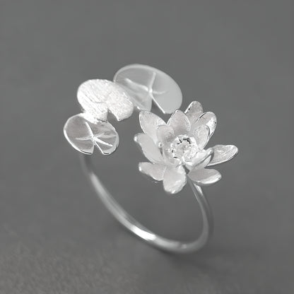 Monet's Water Lily Open Adjustable Ring 925 Sterling Silver Lotus Flower Art Jewelry