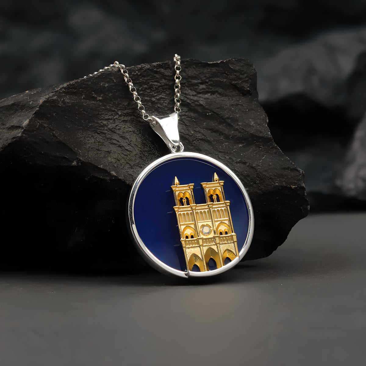 Reborn from Fire Sterling Silver Agate Inlay Notre Dame Cathedral Relief Pendant Niche Vintage Neutral Style