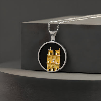 Reborn from Fire Sterling Silver Agate Inlay Notre Dame Cathedral Relief Pendant Niche Vintage Neutral Style
