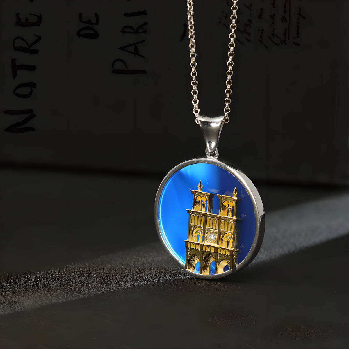 Reborn from Fire Sterling Silver Agate Inlay Notre Dame Cathedral Relief Pendant Niche Vintage Neutral Style