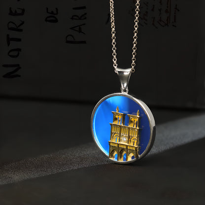 Reborn from Fire Sterling Silver Agate Inlay Notre Dame Cathedral Relief Pendant Niche Vintage Neutral Style