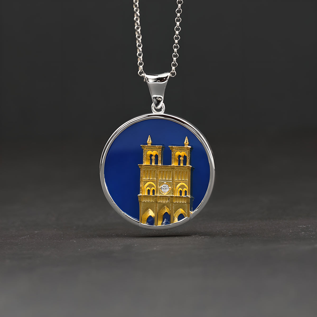Reborn from Fire Sterling Silver Agate Inlay Notre Dame Cathedral Relief Pendant Niche Vintage Neutral Style