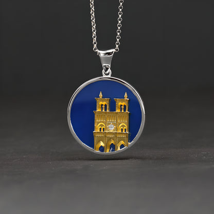 Reborn from Fire Sterling Silver Agate Inlay Notre Dame Cathedral Relief Pendant Niche Vintage Neutral Style