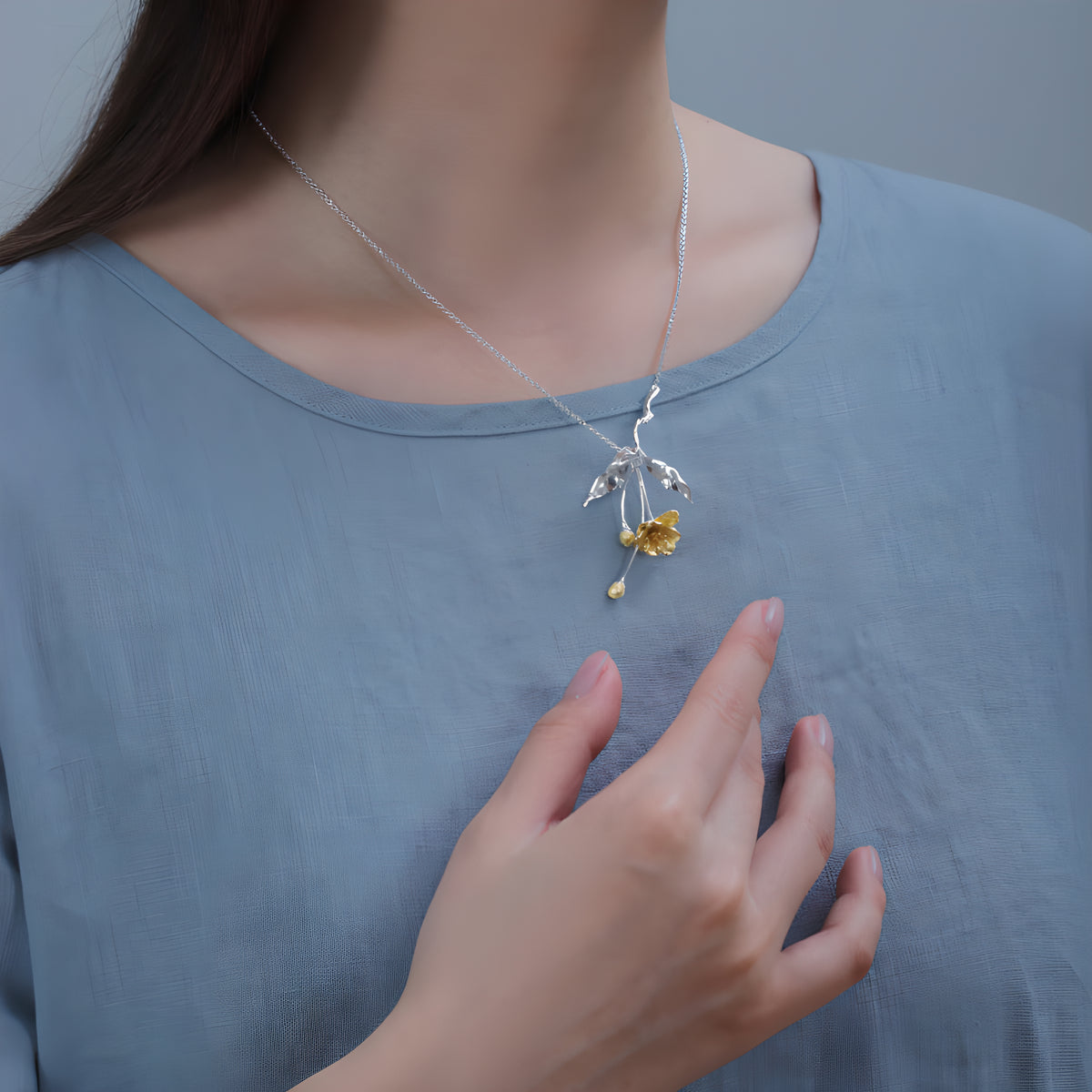 Vintage Chinese Style Begonia Flower Necklace S925 Sterling Silver Artistic Design