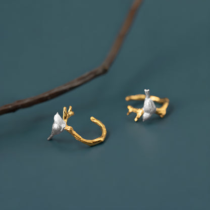 S925 Sterling Silver Bird Branch Ear Cuffs Chinese Style Artistic Literary Vintage Earrings