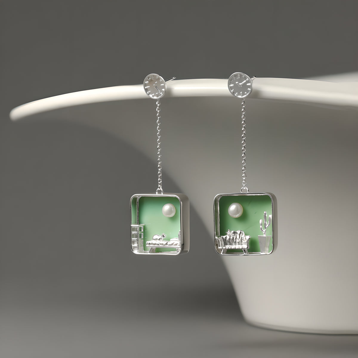 Cat at Home Micro Scene Pearl Earrings in S925 Sterling Silver