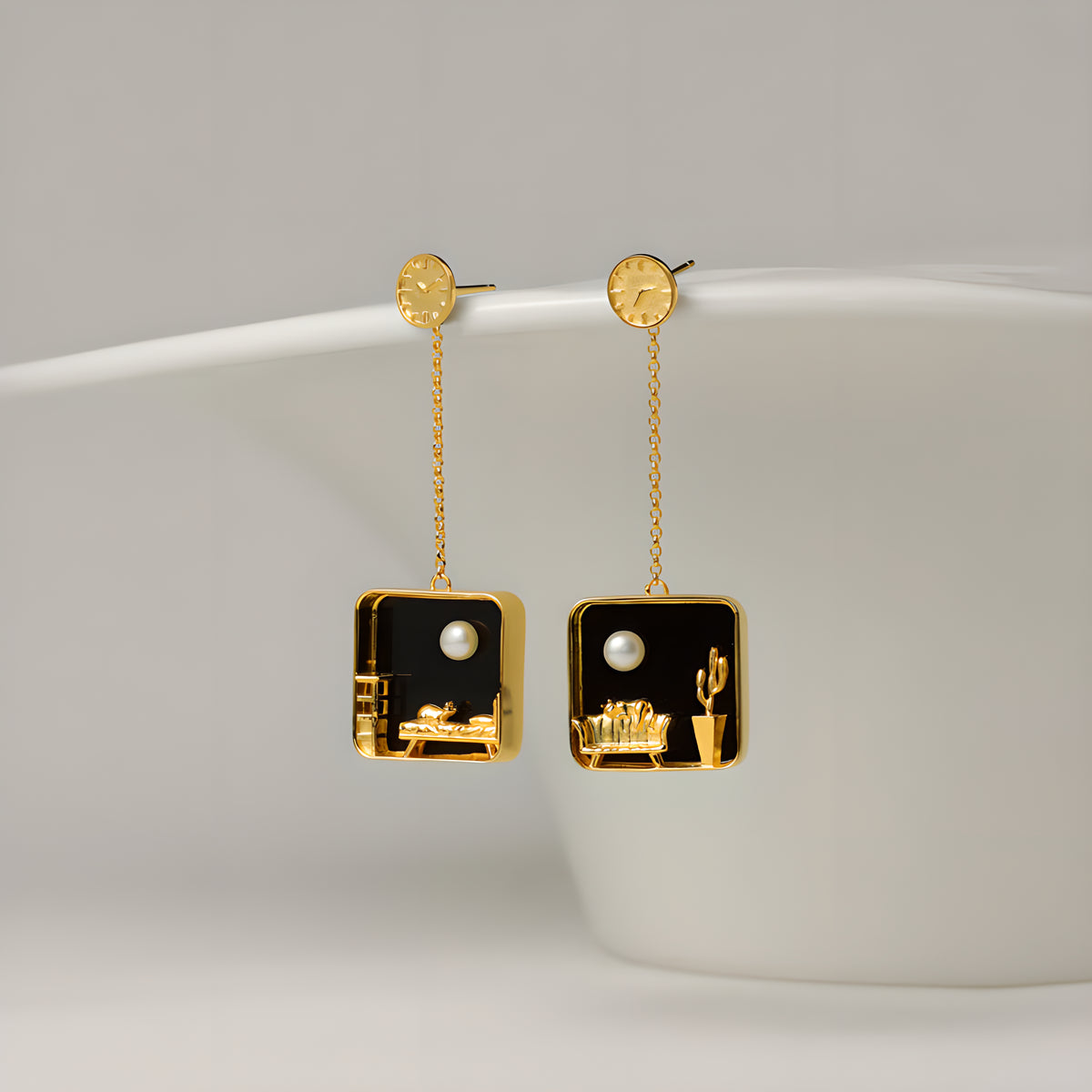 Cat at Home Micro Scene Pearl Earrings in S925 Sterling Silver