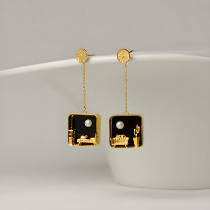 Cat at Home Micro Scene Pearl Earrings in S925 Sterling Silver