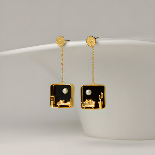 Cat at Home Micro Scene Pearl Earrings in S925 Sterling Silver