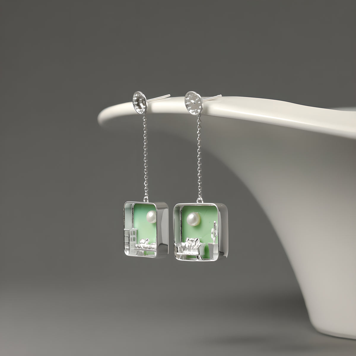 Cat at Home Micro Scene Pearl Earrings in S925 Sterling Silver